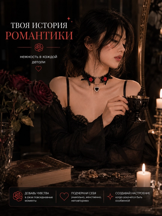 Ayollar uchun choker, to'rli va lentali, atirgulli, oq va qora bo'yin taqinchoq