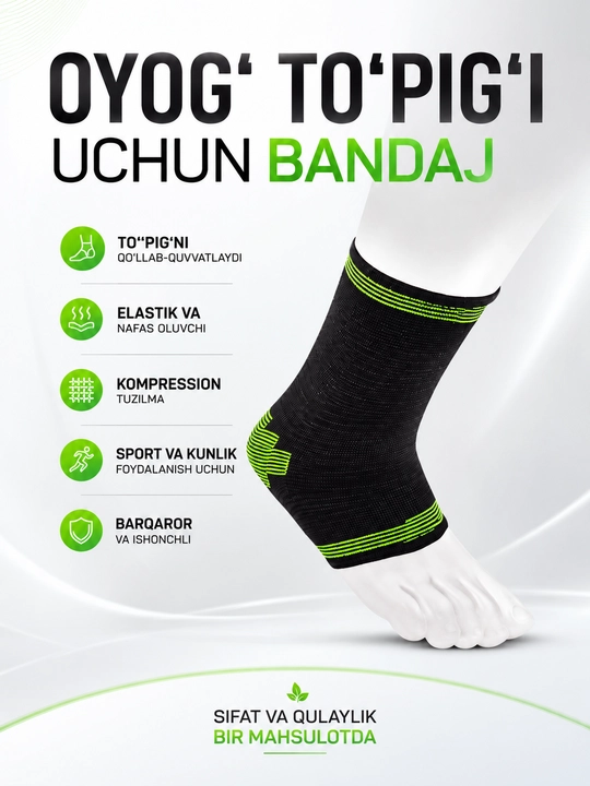 Oyoq to‘pig‘i uchun bandaj ANKLE SUPPORT-8525, elastik kompression sport bandaji - 