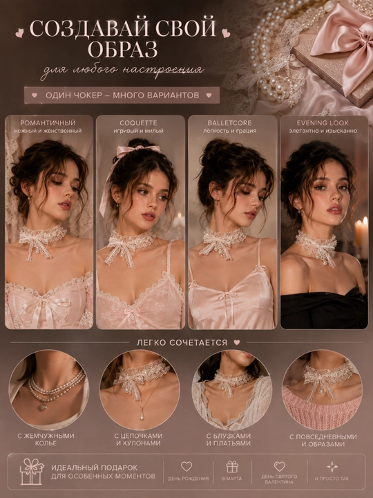 Ayollar uchun choker, to'rli va lentali, atirgulli, oq va qora bo'yin taqinchoq