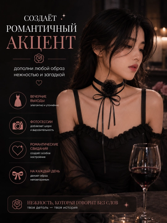 Ayollar uchun choker, to'rli va lentali, atirgulli, oq va qora bo'yin taqinchoq