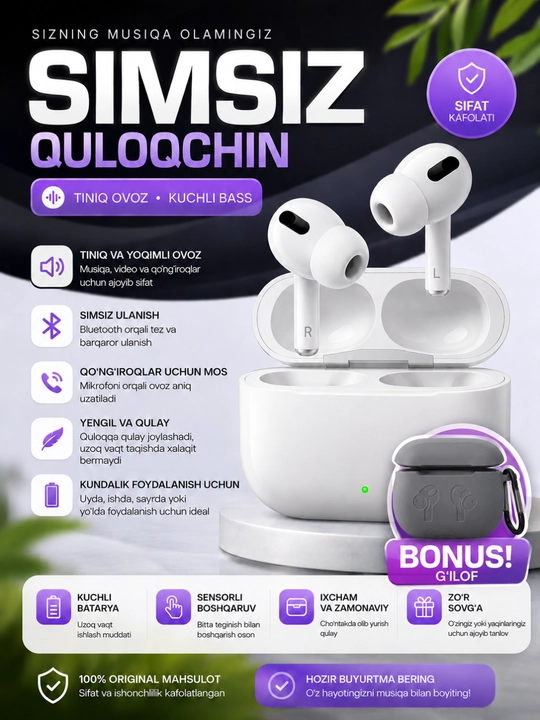 A Pods Pro 2  simsiz quloqchinlari, iPhone va Android uchun Bluetooth, sensorli - 