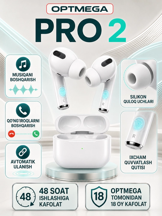 Simsiz quloqchinlar Pods Pro 2 sensorli, iPhone va Android uchun bluetooth