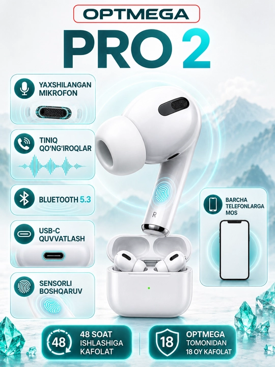 Simsiz quloqchinlar Pods Pro 2 sensorli, iPhone va Android uchun bluetooth