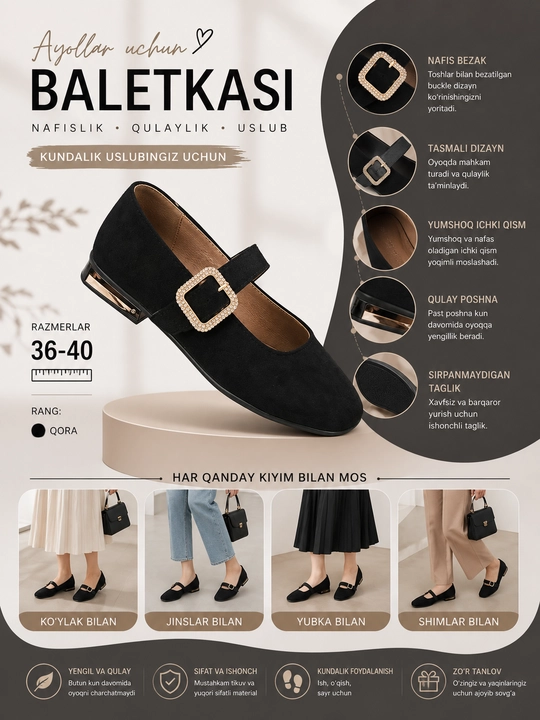 Ayollar baletkalari, qulay past poshnali nafis kundalik ishlar, o‘qish va sayr uchun