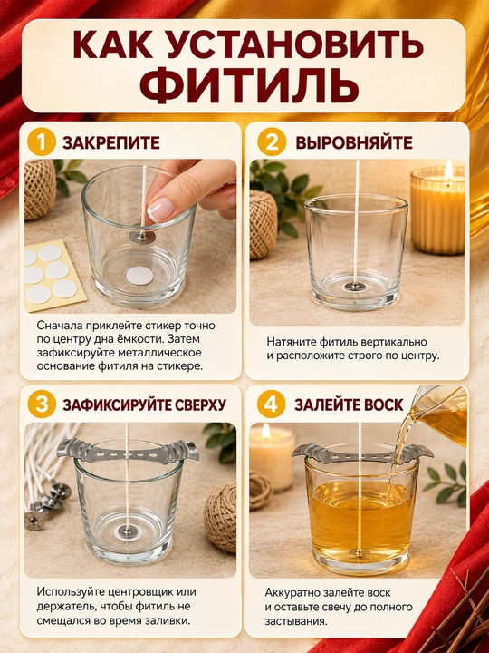 Хлопковые вощеные фитили для свечей с металлическим держателем