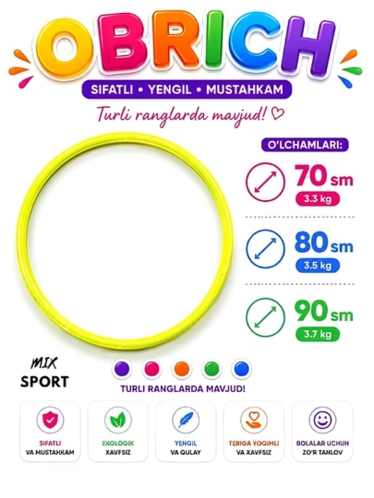 Bolalar uchun rangli obruch, yengil, mustahkam va faol mashqlar uchun qulay