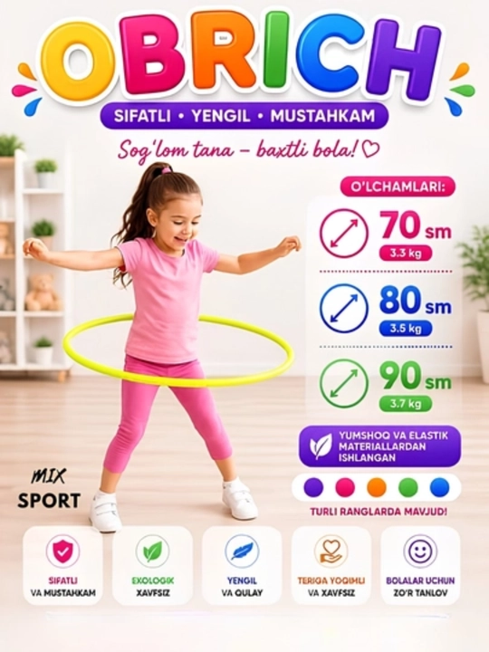 Bolalar uchun rangli obruch, yengil, mustahkam va faol mashqlar uchun qulay - 