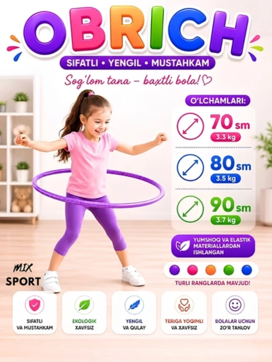 Bolalar uchun rangli obruch, yengil, mustahkam va faol mashqlar uchun qulay - 
