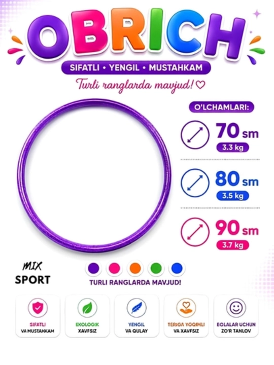 Bolalar uchun rangli obruch, yengil, mustahkam va faol mashqlar uchun qulay