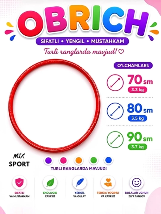 Bolalar uchun rangli obruch, yengil, mustahkam va faol mashqlar uchun qulay