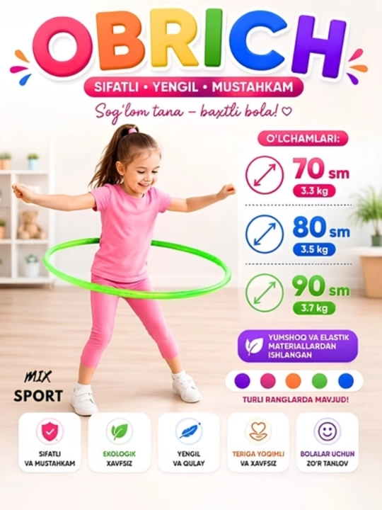 Bolalar uchun rangli obruch, yengil, mustahkam va faol mashqlar uchun qulay - 