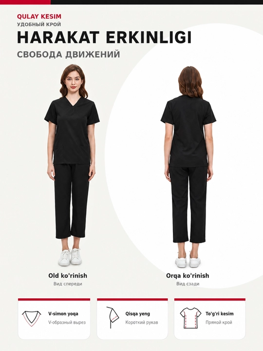 Ayollar tibbiy formasi, shimli jarrohlik kostyumi, streych mato, V-yoqa, S–XXL