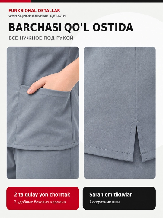 Ayollar tibbiy formasi, shimli jarrohlik kostyumi, streych mato, V-yoqa, S–XXL