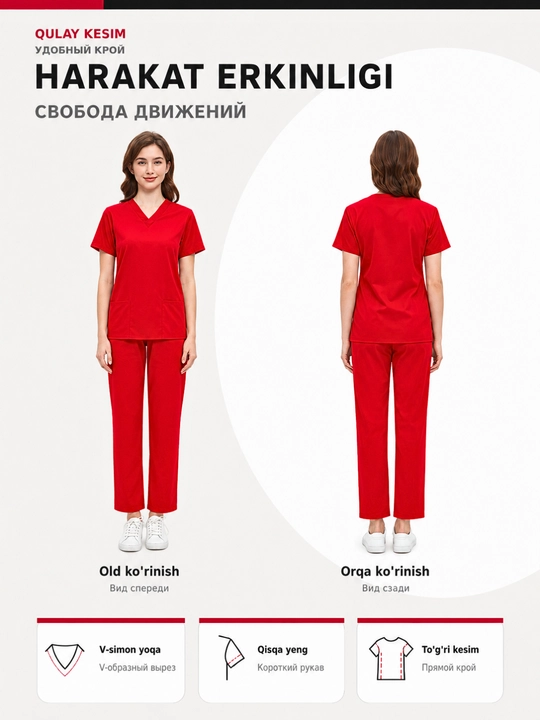 Ayollar tibbiy formasi, shimli jarrohlik kostyumi, streych mato, V-yoqa, S–XXL