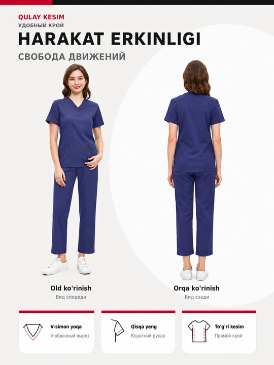 Ayollar tibbiy formasi, shimli jarrohlik kostyumi, streych mato, V-yoqa, S–XXL