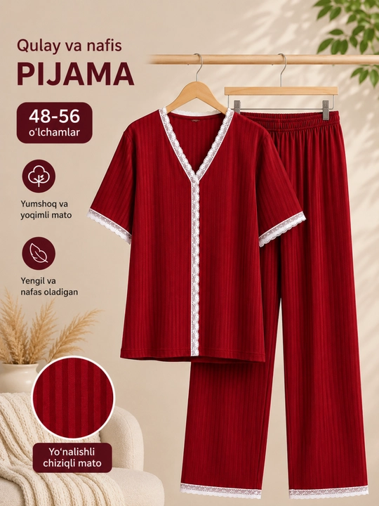 Ayollar pijamasi 48-56 o‘lcham, uyqu kostyumi, kaprili uy kiyimi komplekti - 