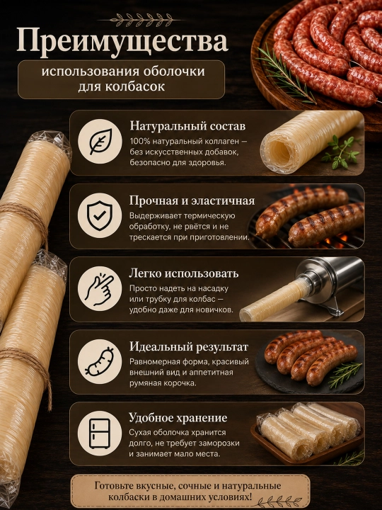Gril va barbekyu kolbasalari uchun tabiiy kollagen qobiq, uy sharoitida kolbasa tayyorlash