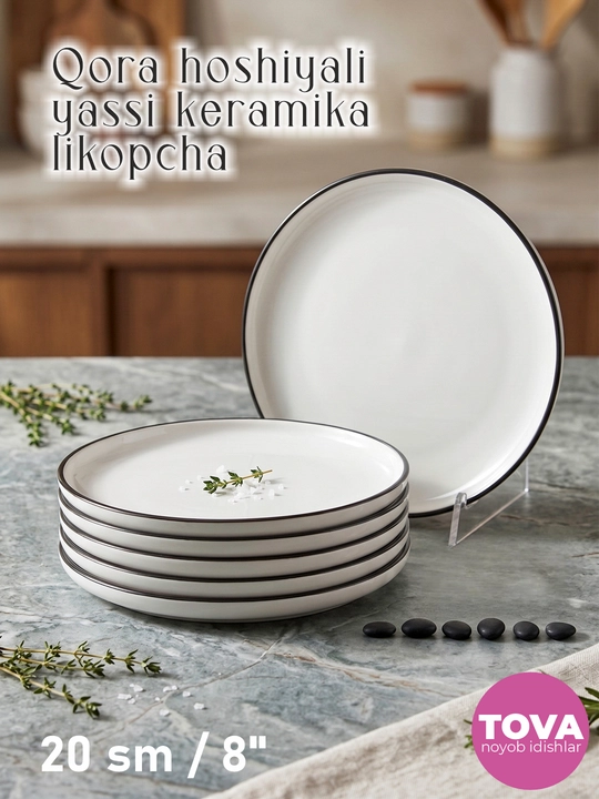 Qora hoshiyali yassi keramika likopchalar to'plami, 20 sm, servirovka uchun - 