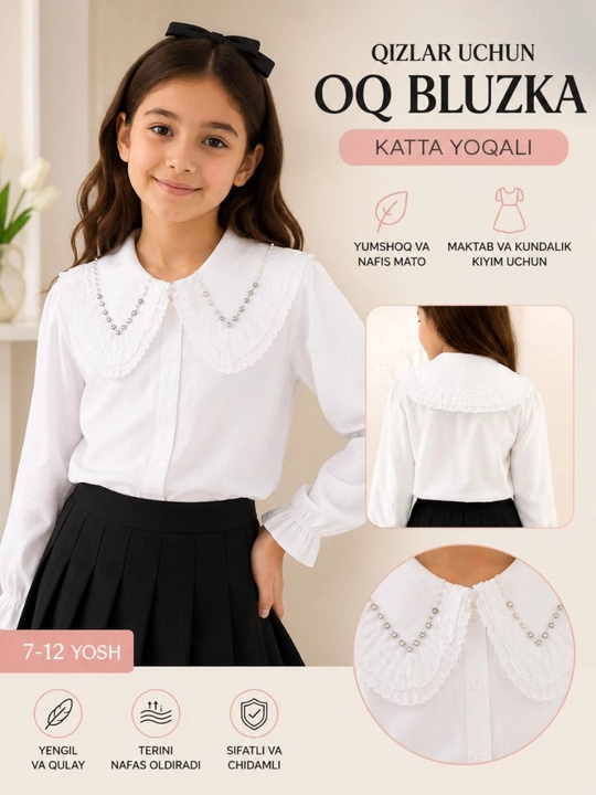 Qizlar uchun oq kuylak, oq bluzka, katta yoqali, maktab kiyim - 