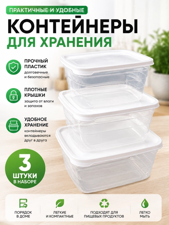 Oziq-ovqat saqlash konteynerlari to'plami, 3 dona, plastik, qopqoqli - 