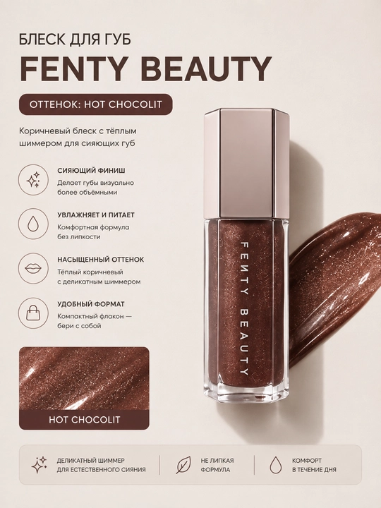 Lab uchun yaltiroq blesk Fenty Beauty Gloss Bomb, Hot Chocolit, 9 ml - 