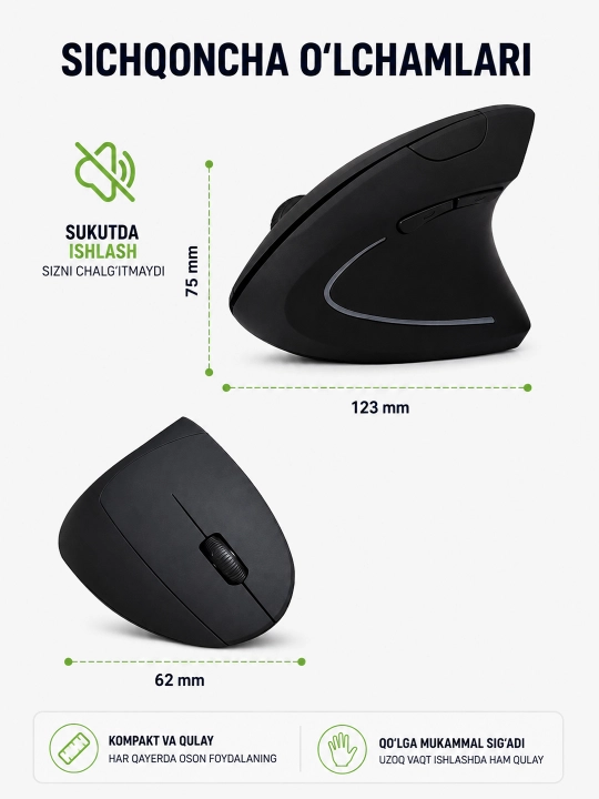 O‘ng qo‘l uchun vertikal simsiz sichqoncha, ergonomik, 5 tugmali, DPI, USB