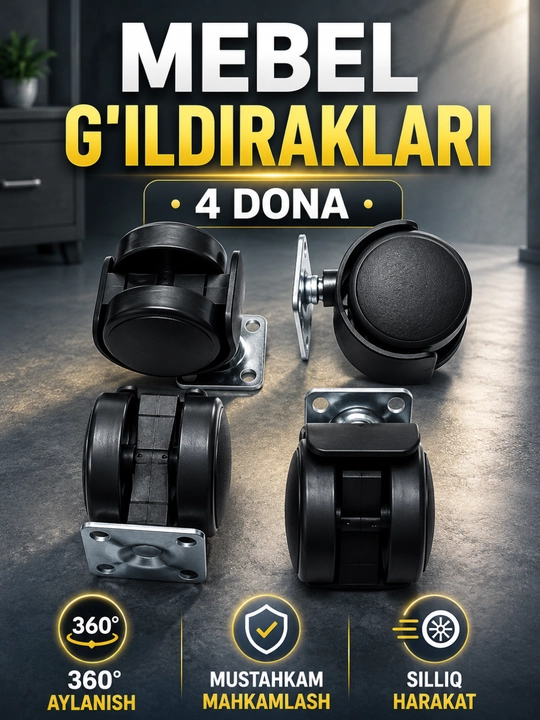 Mebel g‘ildiragi 360° aylanadigan kreslo va stul uchun, mustahkam rolikli, 4 dona - 