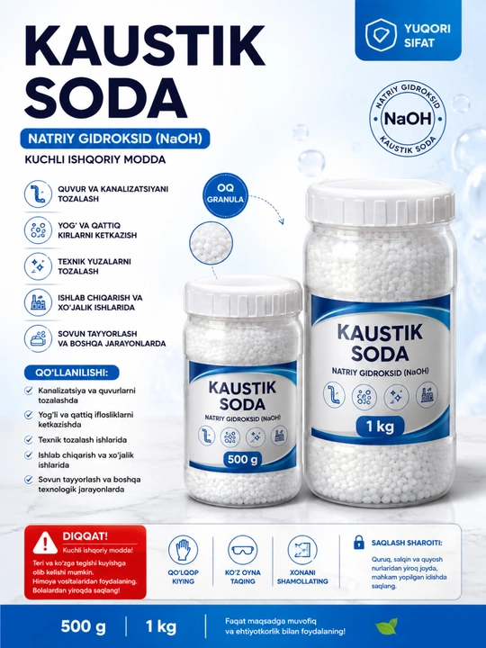 Kaustik soda NaOH — natriy gidroksid, 1 kg va 500 g - 