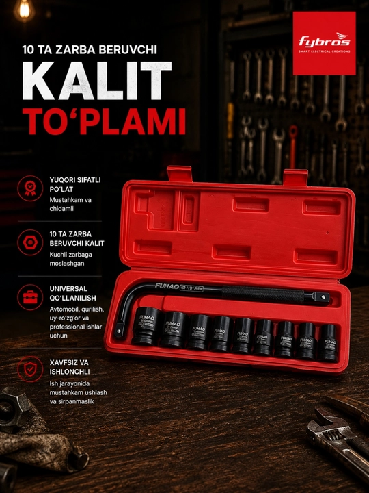 Zarba beruvchi boshchalar toʻplami, G shaklidagi yoqali, 1/2", 10 ta buyum qutida - 