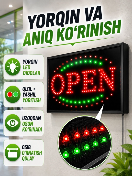 OPEN LED tablichka, magazin va vitrina uchun yorug‘ reklama belgisi 220V
