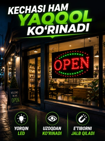 OPEN LED tablichka, magazin va vitrina uchun yorug‘ reklama belgisi 220V