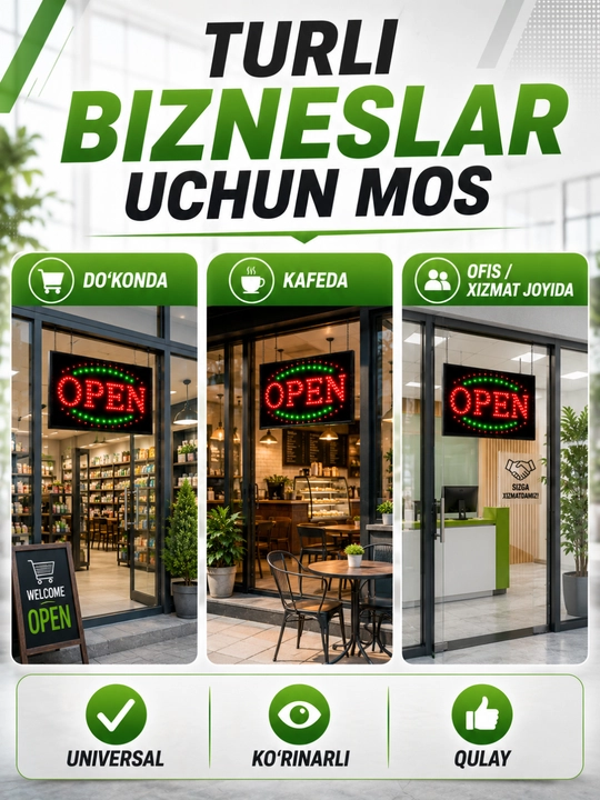 OPEN LED tablichka, magazin va vitrina uchun yorug‘ reklama belgisi 220V