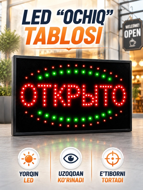 OPEN LED tablichka, magazin va vitrina uchun yorug‘ reklama belgisi 220V - 