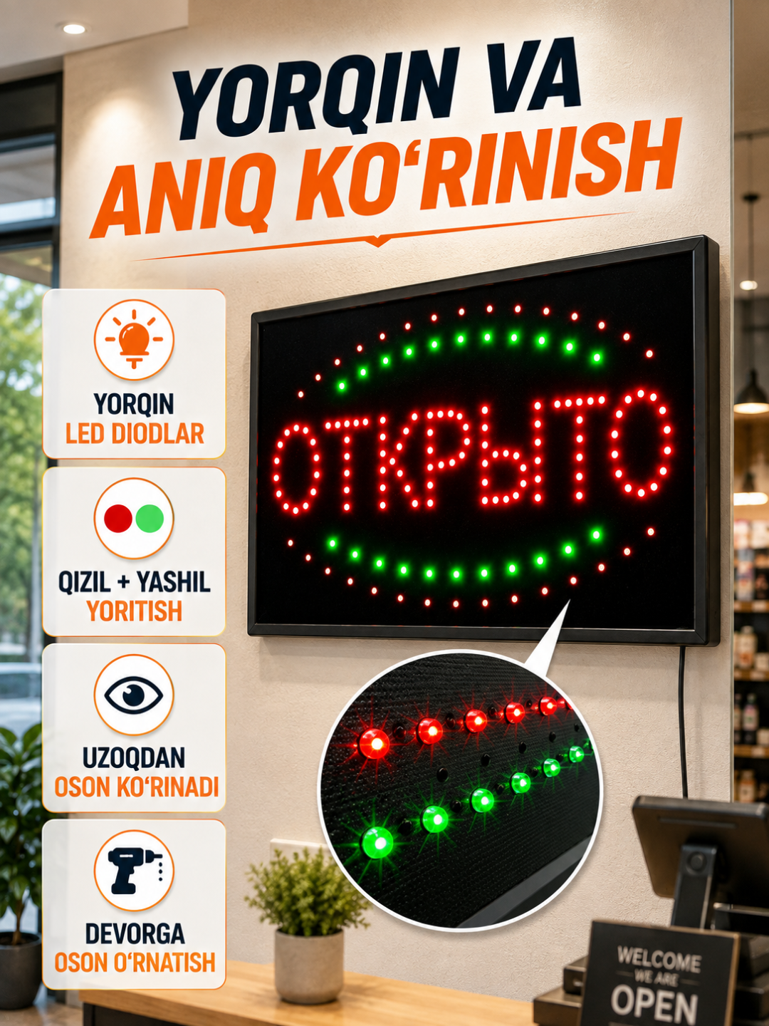 OPEN LED tablichka, magazin va vitrina uchun yorug‘ reklama belgisi 220V