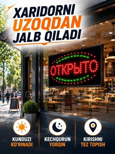 OPEN LED tablichka, magazin va vitrina uchun yorug‘ reklama belgisi 220V