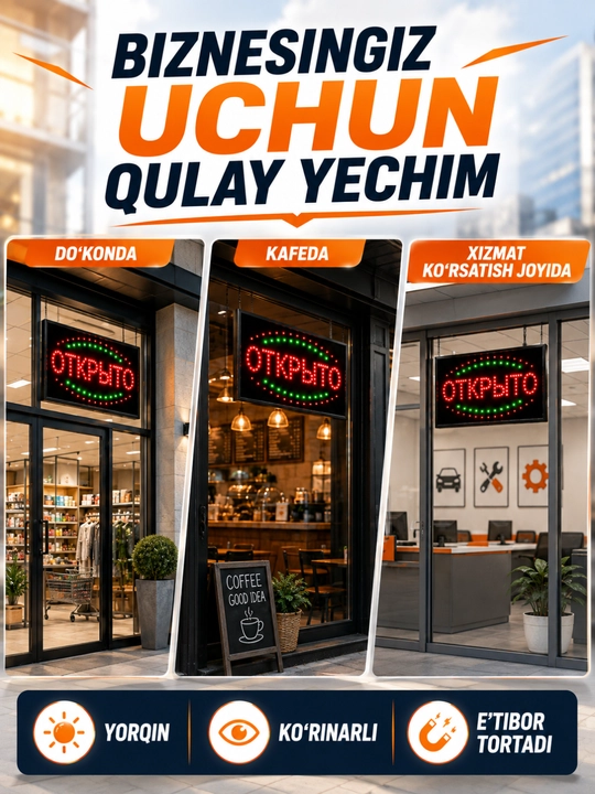 OPEN LED tablichka, magazin va vitrina uchun yorug‘ reklama belgisi 220V