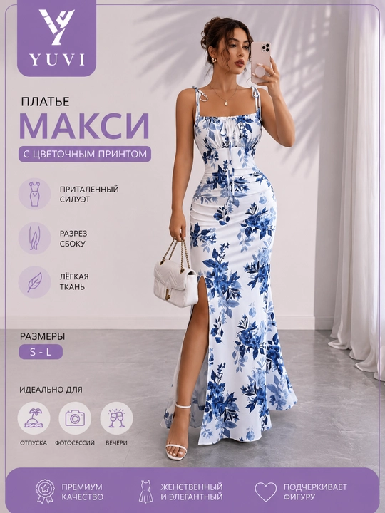 Женское макси-платье с цветочным принтом, открытыми плечами и боковым разрезом - 