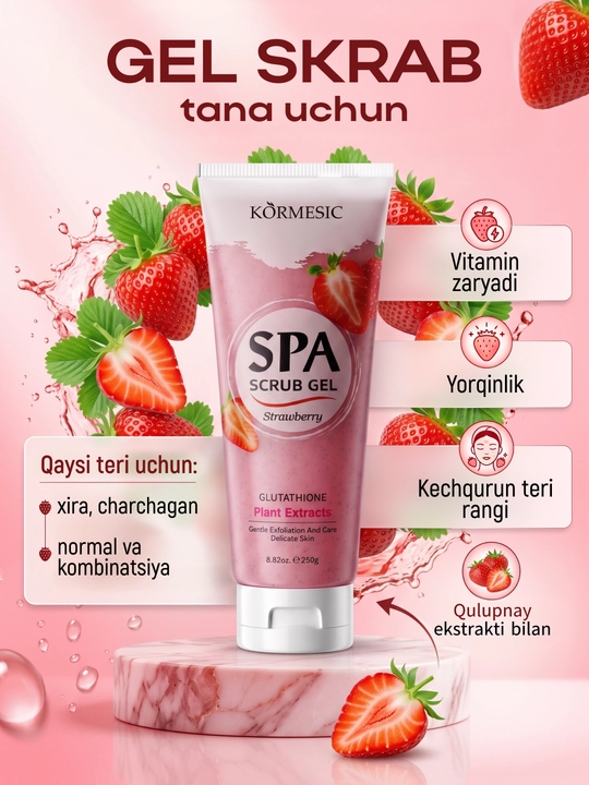 Qulupnay ekstrakti va glutationli SPA qulupnayli namlantiruvchi tana geli-skrabi 250g - 