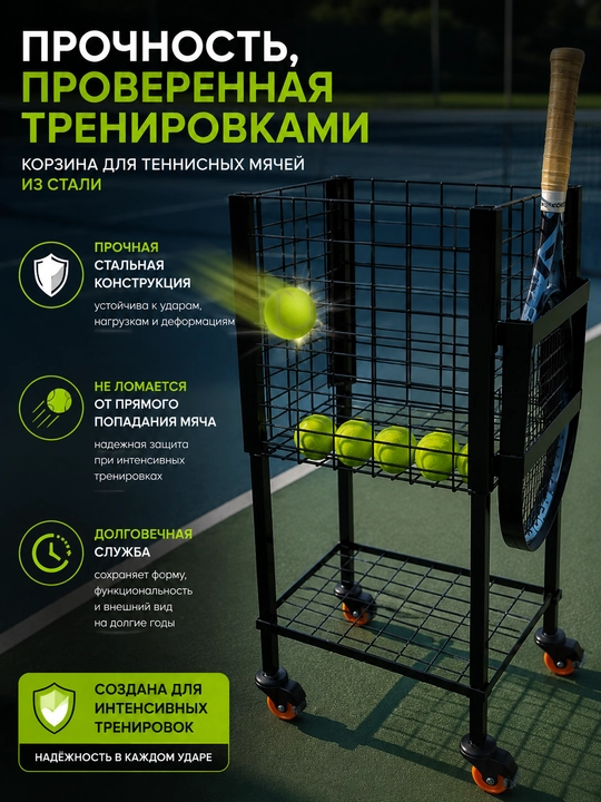 Теннисная корзина для мячей на колёсах — вместительная стойка для тренировок и хранения