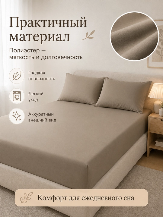 Комплект: простыня на резинке 180×200 см и 2 наволочки, полиэстер, двуспальный