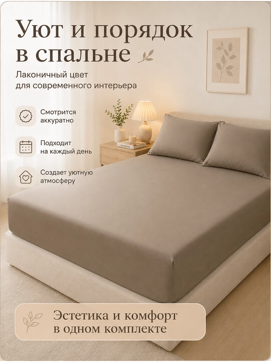 Комплект: простыня на резинке 180×200 см и 2 наволочки, полиэстер, двуспальный
