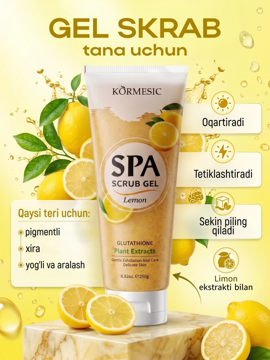 Limon ekstrakti va glutationli SPA limonli, namlantiruvchi tana uchun gel-skrab, 250 g