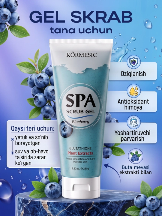 Qulupnay ekstrakti va glutationli SPA ko‘krezavorli namlantiruvchi tana geli-skrabi, 250 g