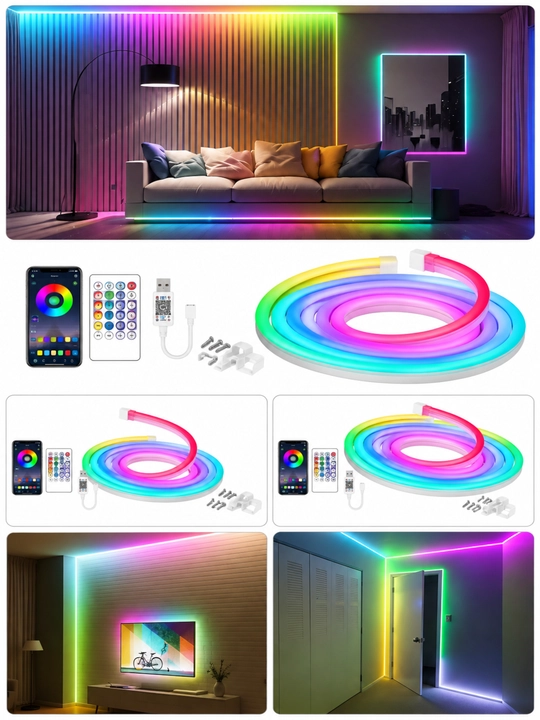 RGBIC LED neon lentasi 5V, USB, ilova va pult orqali boshqarish, IP65, 5-10 metr