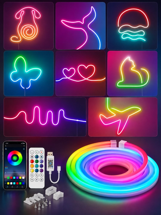 RGBIC LED neon lentasi 5V, USB, ilova va pult orqali boshqarish, IP65, 5-10 metr