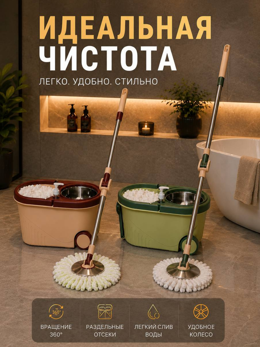 Швабра с ведром, с отжимом, системой полоскания, насадки из микрофибры