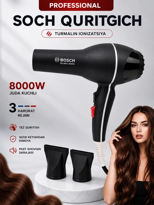 BOSCH BS-9902 soch quritgichi, 8000 Vt, ionizatsiya, AC motor, professional fen