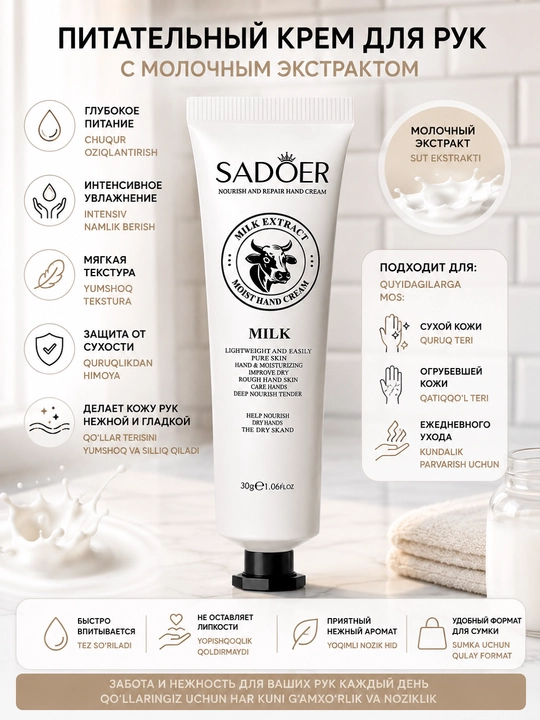 Крем для рук SADOER Milk Extract-для ежедневного ухода за кожей рук с экстрактом молока - 