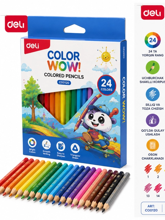 Цветные карандаши Deli Color WOW, 24 цвета, треугольная эргономичная форма - 