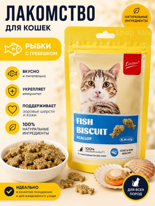 Лакомство для кошек Linsen Fish Biscuit, рыбное печенье, 60 г - 